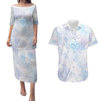 Samoa White Sunday Couples Matching Puletasi and Hawaiian Shirt Sweet Pastel Plumeria Floral