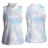 Samoa White Sunday Women Sleeveless Polo Shirt Sweet Pastel Plumeria Floral