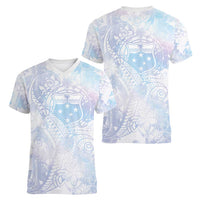 Samoa White Sunday Women V-Neck T-Shirt Sweet Pastel Plumeria Floral