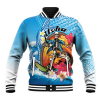 Personalized Aloha Hawaii Skeleton Surfing Baseball Jacket Tribal Shark Plumeria