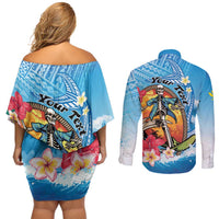 Personalized Aloha Hawaii Skeleton Surfing Couples Matching Off Shoulder Short Dress and Long Sleeve Button Shirt Tribal Shark Plumeria