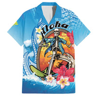 Personalized Aloha Hawaii Skeleton Surfing Family Matching Off The Shoulder Long Sleeve Dress and Hawaiian Shirt Tribal Shark Plumeria