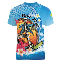 Personalized Aloha Hawaii Skeleton Surfing Women V-Neck T-Shirt Tribal Shark Plumeria