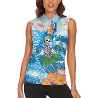 Personalized Hawaii Hula Girl Skeleton Dancing Women Sleeveless Polo Shirt Hibiscus Tribal Shark