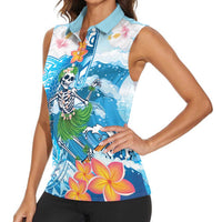 Personalized Hawaii Hula Girl Skeleton Dancing Women Sleeveless Polo Shirt Hibiscus Tribal Shark