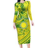 Kia Orana Cook Islands Family Matching Long Sleeve Bodycon Dress and Hawaiian Shirt Turtle Yellow Green Polynesian Pattern LT01 Mom's Dress Green - Polynesian Pride