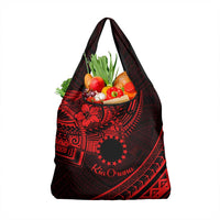 Kia Orana Cook Islands Grocery Bag Circle Stars With Floral Red Pattern