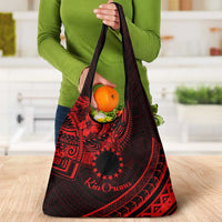 Kia Orana Cook Islands Grocery Bag Circle Stars With Floral Red Pattern