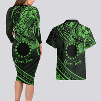Kia Orana Cook Islands Couples Matching Long Sleeve Bodycon Dress and Hawaiian Shirt Circle Stars With Floral Green Pattern LT01 - Polynesian Pride