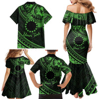 Kia Orana Cook Islands Family Matching Mermaid Dress and Hawaiian Shirt Circle Stars With Floral Green Pattern LT01