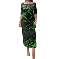 Kia Orana Cook Islands Family Matching Puletasi Dress and Hawaiian Shirt Circle Stars With Floral Green Pattern LT01 Mom's Dress Green - Polynesian Pride
