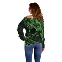 Kia Orana Cook Islands Off Shoulder Sweater Circle Stars With Floral Green Pattern LT01