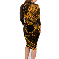 Kia Orana Cook Islands Family Matching Long Sleeve Bodycon Dress and Hawaiian Shirt Circle Stars With Floral Gold Pattern LT01 - Polynesian Pride