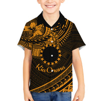 Kia Orana Cook Islands Family Matching Puletasi Dress and Hawaiian Shirt Circle Stars With Floral Gold Pattern LT01 Son's Shirt Gold - Polynesian Pride