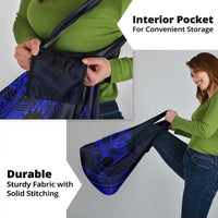 Kia Orana Cook Islands Grocery Bag Circle Stars With Floral Navy Blue Pattern