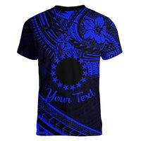 Kia Orana Cook Islands Women V Neck T Shirt Circle Stars With Floral Navy Blue Pattern LT01 - Polynesian Pride