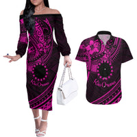 Kia Orana Cook Islands Couples Matching Off The Shoulder Long Sleeve Dress and Hawaiian Shirt Circle Stars With Floral Pink Pattern LT01 Pink - Polynesian Pride