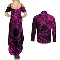 Kia Orana Cook Islands Couples Matching Summer Maxi Dress and Long Sleeve Button Shirt Circle Stars With Floral Pink Pattern LT01 - Polynesian Pride