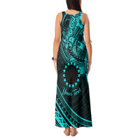 Kia Orana Cook Islands Tank Maxi Dress Circle Stars With Floral Turquoise Pattern LT01 - Polynesian Pride