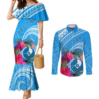 Yap Day Couples Matching Mermaid Dress and Long Sleeve Button Shirt Nam nu Waqab Tropical Flower LT01 Blue - Polynesian Pride
