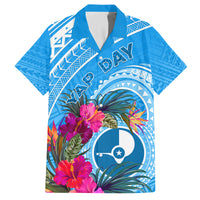 Yap Day Family Matching Off Shoulder Short Dress and Hawaiian Shirt Nam nu Waqab Tropical Flower LT01 Dad's Shirt - Short Sleeve Blue - Polynesian Pride