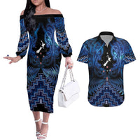 Personalised Aotearoa Matariki Couples Matching Off The Shoulder Long Sleeve Dress and Hawaiian Shirt Blue Fern Maori Poutama