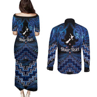 Personalised Aotearoa Matariki Couples Matching Puletasi and Long Sleeve Button Shirt Blue Fern Maori Poutama