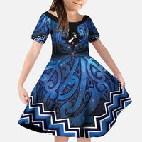 Personalised Aotearoa Matariki Family Matching Short Sleeve Bodycon Dress and Hawaiian Shirt Blue Fern Maori Poutama