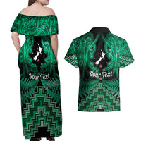 Personalised Aotearoa Matariki Couples Matching Off Shoulder Maxi Dress and Hawaiian Shirt Green Fern Maori Poutama LT01 - Polynesian Pride