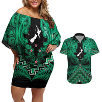 Personalised Aotearoa Matariki Couples Matching Off Shoulder Short Dress and Hawaiian Shirt Green Fern Maori Poutama LT01 Green - Polynesian Pride
