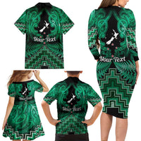 Personalised Aotearoa Matariki Family Matching Long Sleeve Bodycon Dress and Hawaiian Shirt Green Fern Maori Poutama
