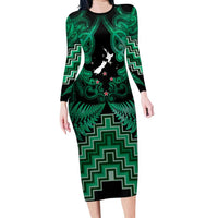 Personalised Aotearoa Matariki Family Matching Long Sleeve Bodycon Dress and Hawaiian Shirt Green Fern Maori Poutama