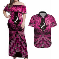 Personalised Aotearoa Matariki Couples Matching Off Shoulder Maxi Dress and Hawaiian Shirt Pink Fern Maori Poutama LT01 Pink - Polynesian Pride
