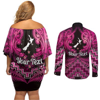 Personalised Aotearoa Matariki Couples Matching Off Shoulder Short Dress and Long Sleeve Button Shirt Pink Fern Maori Poutama