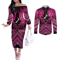Personalised Aotearoa Matariki Couples Matching Off The Shoulder Long Sleeve Dress and Long Sleeve Button Shirt Pink Fern Maori Poutama LT01 Pink - Polynesian Pride