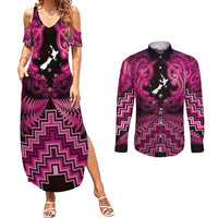 Personalised Aotearoa Matariki Couples Matching Summer Maxi Dress and Long Sleeve Button Shirt Pink Fern Maori Poutama
