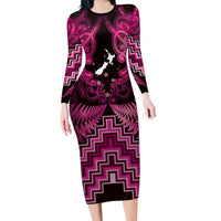 Personalised Aotearoa Matariki Family Matching Long Sleeve Bodycon Dress and Hawaiian Shirt Pink Fern Maori Poutama