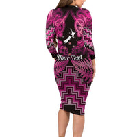 Personalised Aotearoa Matariki Family Matching Long Sleeve Bodycon Dress and Hawaiian Shirt Pink Fern Maori Poutama