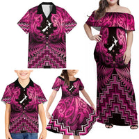 Personalised Aotearoa Matariki Family Matching Off Shoulder Maxi Dress and Hawaiian Shirt Pink Fern Maori Poutama
