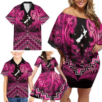 Personalised Aotearoa Matariki Family Matching Off Shoulder Short Dress and Hawaiian Shirt Pink Fern Maori Poutama