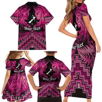 Personalised Aotearoa Matariki Family Matching Short Sleeve Bodycon Dress and Hawaiian Shirt Pink Fern Maori Poutama
