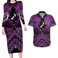 Personalised Aotearoa Matariki Couples Matching Long Sleeve Bodycon Dress and Hawaiian Shirt Purple Fern Maori Poutama LT01 Purple - Polynesian Pride