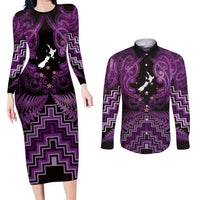 Personalised Aotearoa Matariki Couples Matching Long Sleeve Bodycon Dress and Long Sleeve Button Shirt Purple Fern Maori Poutama
