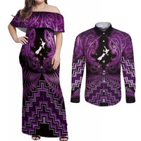 Personalised Aotearoa Matariki Couples Matching Off Shoulder Maxi Dress and Long Sleeve Button Shirt Purple Fern Maori Poutama
