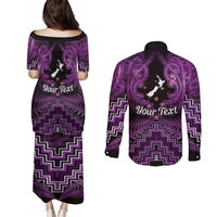 Personalised Aotearoa Matariki Couples Matching Puletasi and Long Sleeve Button Shirt Purple Fern Maori Poutama