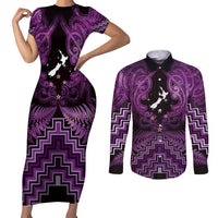 Personalised Aotearoa Matariki Couples Matching Short Sleeve Bodycon Dress and Long Sleeve Button Shirt Purple Fern Maori Poutama