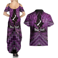 Personalised Aotearoa Matariki Couples Matching Summer Maxi Dress and Hawaiian Shirt Purple Fern Maori Poutama