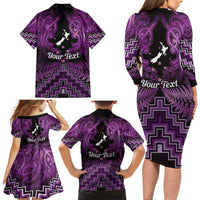 Personalised Aotearoa Matariki Family Matching Long Sleeve Bodycon Dress and Hawaiian Shirt Purple Fern Maori Poutama