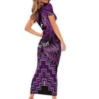Personalised Aotearoa Matariki Short Sleeve Bodycon Dress Purple Fern Maori Poutama