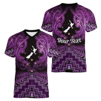 Personalised Aotearoa Matariki Women V-Neck T-Shirt Purple Fern Maori Poutama